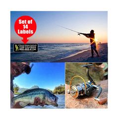 a man holding a fishing rod and spinning a fish on the beach with other pictures