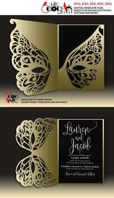 an elegant wedding card with golden butterflies on black and gold background, in the shape of a butterfly