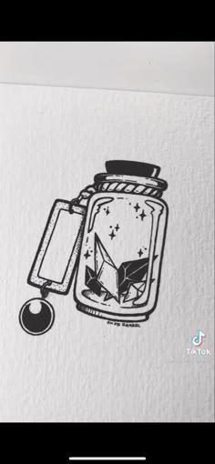 an ink drawing of a jar with a bird in it and a tag on the side