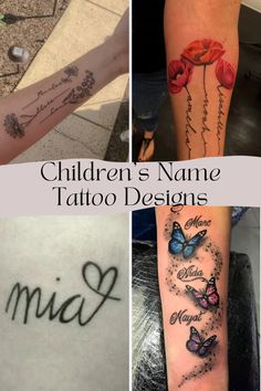 four different tattoos with the names of children's name and flowers on their arms