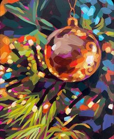 a painting of a christmas ornament hanging from a tree