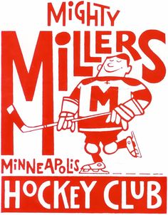 mighty miller's hockey club poster from the early 1960s, featuring an image of a man holding a hockey stick