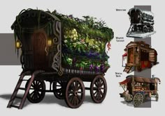 an old fashioned carriage with flowers and plants on it