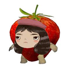 a cartoon character is standing in front of a large strawberry with her eyes closed and hands on her hips