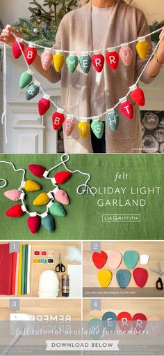 a collage of photos showing how to make holiday lights garlands with felt hearts