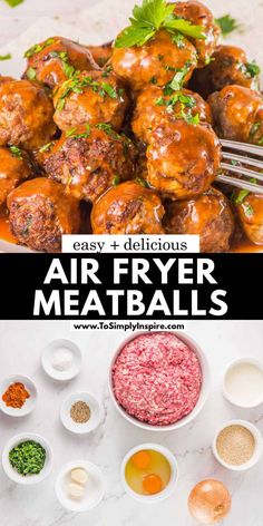 air fryer meatballs with herbs and seasonings on the side