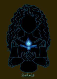 a drawing of a woman with her hands folded in front of her chest, holding a glowing object