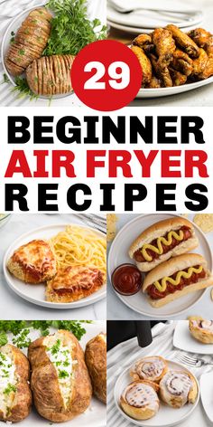 the cover of 29 beginner air fryer recipes, including hot dogs and hamburgers