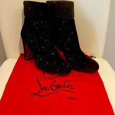 Never Worn, Gorgeous Louboutin Boots. Elegant Heeled Boots With Red Sole For Winter, Luxury Winter Boots For Night Out, Luxury Heeled Boots For Winter Evenings, Luxury Winter Evening Heels, Luxury Ankle Boots For Evening, Luxury Evening Ankle Boots, Luxury Evening Boots With Red Sole, Luxury Ankle-high Boots For Night Out, Luxury Ankle-high Party Boots