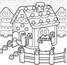 a coloring page with an image of a house and two cats in front of it