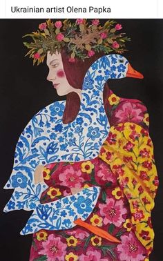 a painting of a woman with flowers on her head holding a large bird in her arms