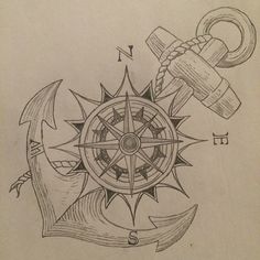 a drawing of a compass and an anchor