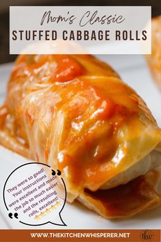 an image of stuffed cabbage rolls on a plate with text overlay that reads mom's classic stuffed cabbage rolls