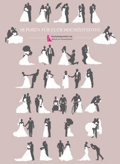 the silhouettes of people in wedding dresses and tuxedos are shown on a gray background