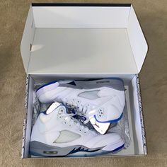 Air Jordan 5s Retro (Gs) White And Hyper Royal-Stealth Usa Size 6 Youth Great Condition Only Worn Once. No Box Jordan 5s, Jordan White, Jordans For Men, Jordan Shoes, Air Jordan, White Blue, Air Jordans, Athletic Shoes, Blue White