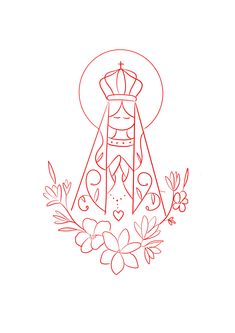 a drawing of a tower surrounded by flowers and hearts on a white background with red ink