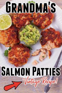 this is an advertisement for salmon patties with guacamole and avocado