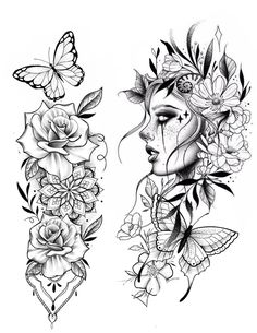 two different tattoos with flowers and butterflies on the side, one has a woman's face