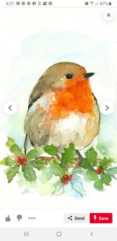 a watercolor painting of a bird sitting on a branch with holly leaves and berries