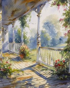 a painting of a porch with flowers on it