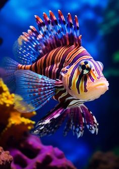 a colorful fish swimming in an aquarium with corals and other marine life around it