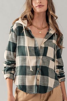 "Please check our US number size regarding our S/M/L: Small (US 2-4), Medium (6-8), Large (10-12) NO REFUNDS-please check sizing, Buyer must pay exchange shipping Add a touch of trendiness to your wardrobe with our Hooded Crop Plaid Flannel Shirt. This shirt is the perfect blend of comfort and style, making it a must-have for every fashion-forward individual. Crafted from soft and cozy flannel fabric, this shirt provides warmth and comfort, ensuring you stay cozy all day long. The cropped length Casual Plaid Hooded Flannel Shirt, Cozy Plaid Long Sleeve Top, Hooded Plaid Cotton Flannel Shirt, Cozy Plaid Winter Tops, Casual Plaid Hooded Top, Plaid Hooded Cotton Top, Cozy Plaid Long Sleeve Flannel Shirt, Hooded Plaid Cotton Top, Plaid Cotton Hooded Top