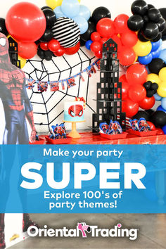 spiderman birthday party with balloons and decorations