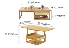 a table with two drawers and one shelf on each side, measurements for the tables