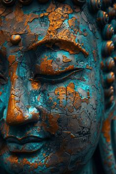 the face of a statue is covered in blue and gold paint with rust on it