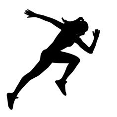 a woman running in the air with her arms out and legs crossed, silhouetted against a white background