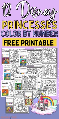 disney princesses color by number printables for kids to use on their books