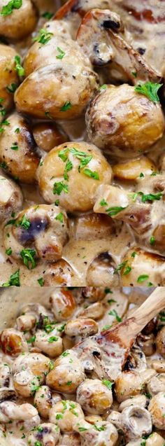 two pictures of chicken and mushrooms in a pan