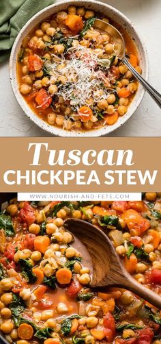 a bowl of tuscann chickpea stew with spinach, tomatoes and parmesan cheese