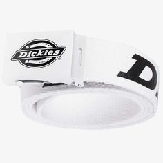 a white belt with the word dickies on it and a black d in the center