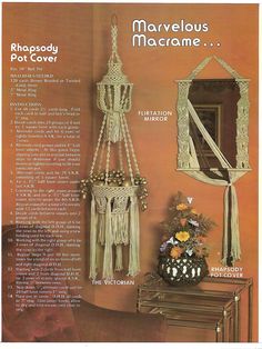 an advertisement for marvelous macrame hanging on the wall next to a chair and mirror