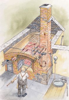 a drawing of a man standing in front of a brick oven that is being built