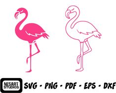 two pink flamingos standing next to each other with the words svg - png - eps - dxf