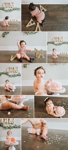 a collage of photos shows a baby sitting on the floor with a cake in front of it