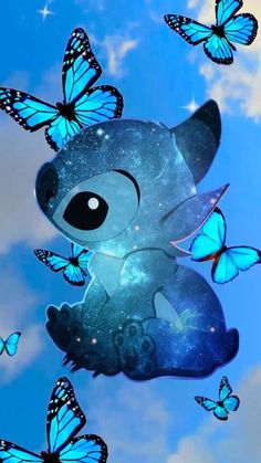 an image of a baby koala with blue butterflies flying around it's head