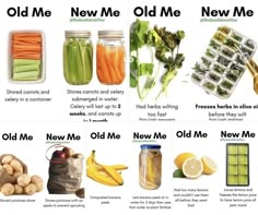 an image of old me and new me food choices for pickles, carrots, broccoli, cucumbers