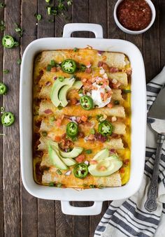 a casserole dish filled with mexican food