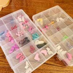 two plastic containers filled with lots of small toys