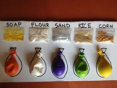 six different types of soap in bags on a white board with words that read soap, flour, sand, rice corn