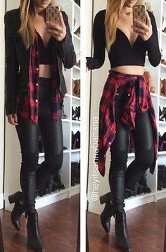 Stylish Street Style, Black Leather Leggings, Red Plaid Shirt, Crop Top Outfits, Street Style Looks, Leather Leggings, Wearing Black