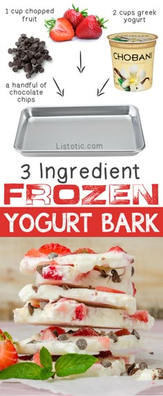 three ingredient frozen yogurt bark is shown with the ingredients labeled in red and white