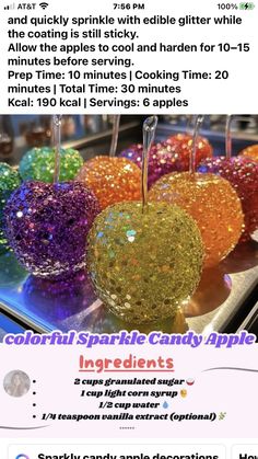 an advertisement for some kind of candy apple with glitter on it's top and the words california sparkle candy apples below