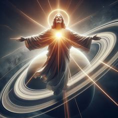 jesus standing in the middle of saturn with his arms spread wide open and glowing around him