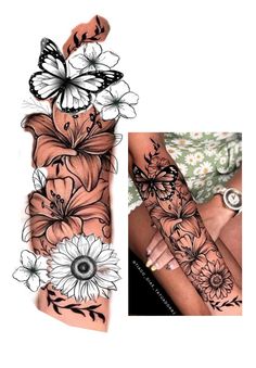 a woman's arm with flowers and butterflies on it