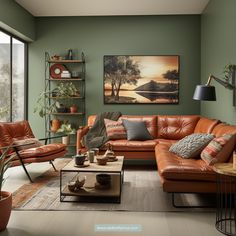 a living room with green walls and leather furniture