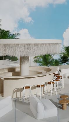 an artistic rendering of a bar with chairs and umbrellas on the roof, in front of palm trees